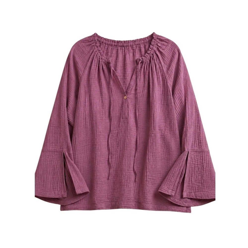 Calme Purple Gauze Cotton Blouse Long Sleeve Split Cuff Boho Top Large